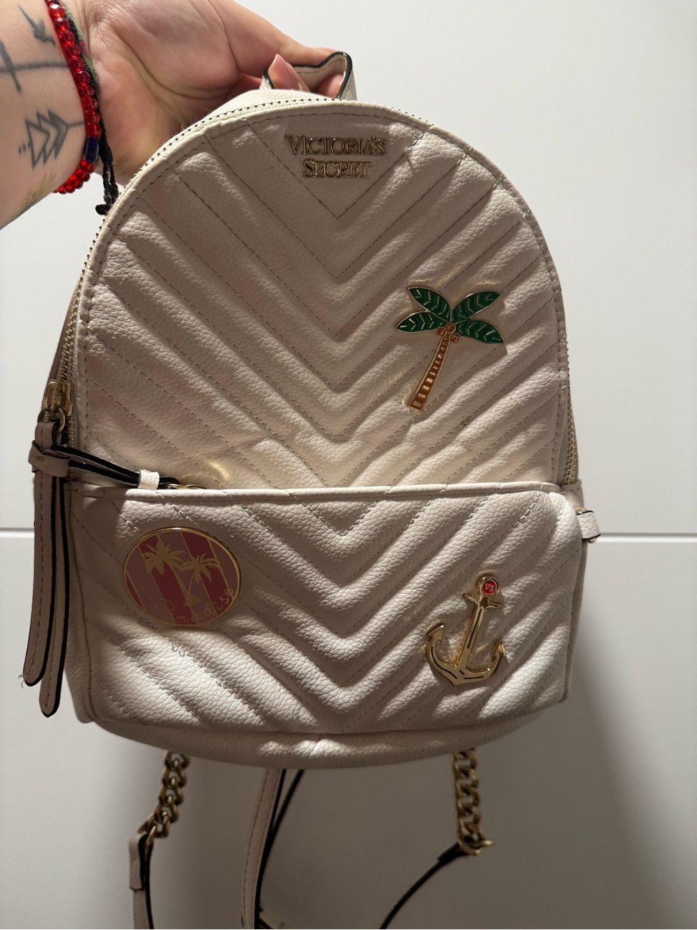 Victoria's Secret Cream Quilted Mini Backpack with Tropical Pin Accents